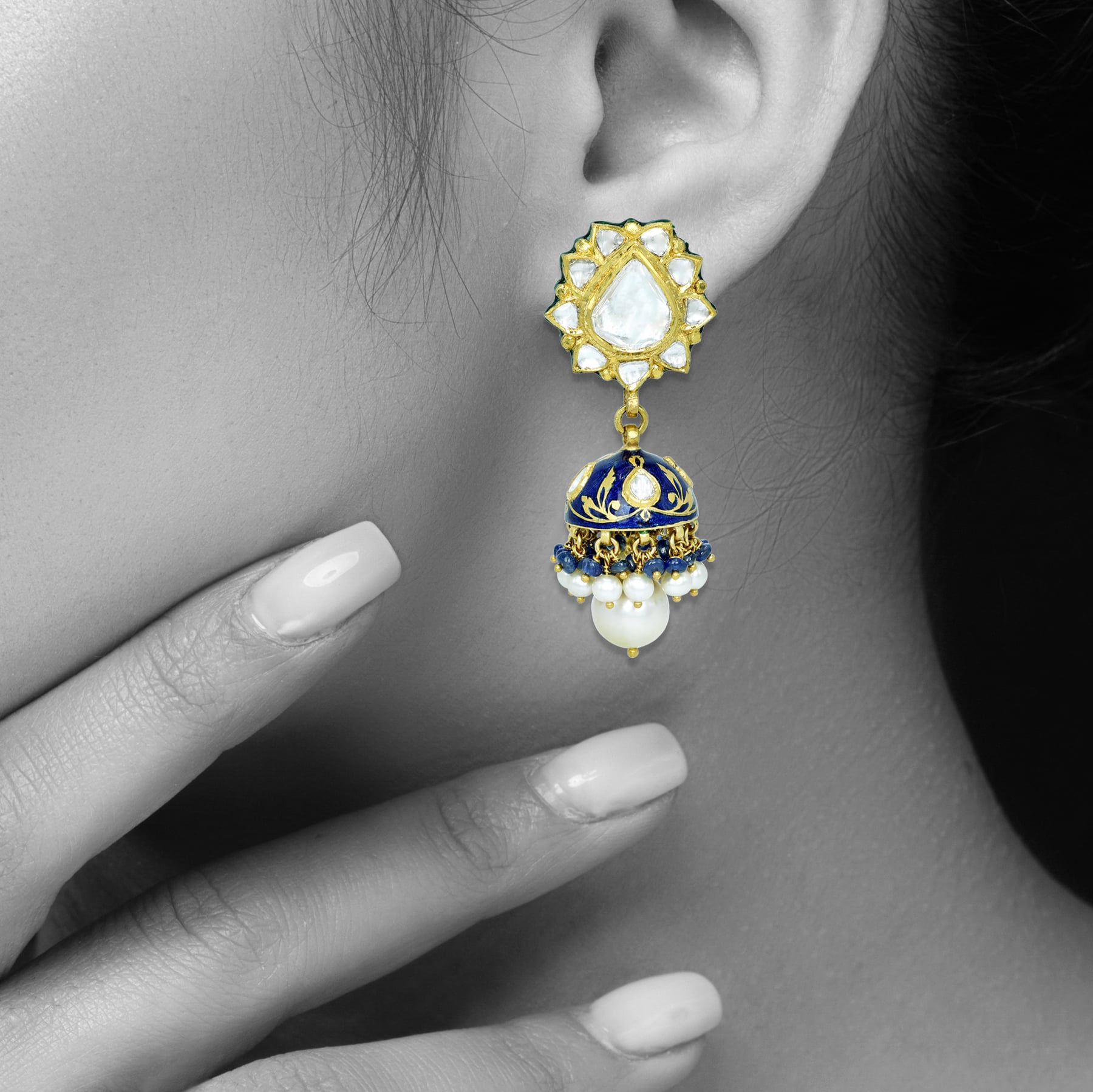 Jhumki Earrings with Blue Enamel, Polki Florals, and Pearl Details